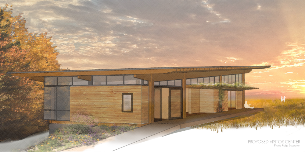 An architectural rendering of the new the Mary Ann Brittain Education Center currently under construction at Prairie Ridge Ecostation in Raleigh, North Carolina